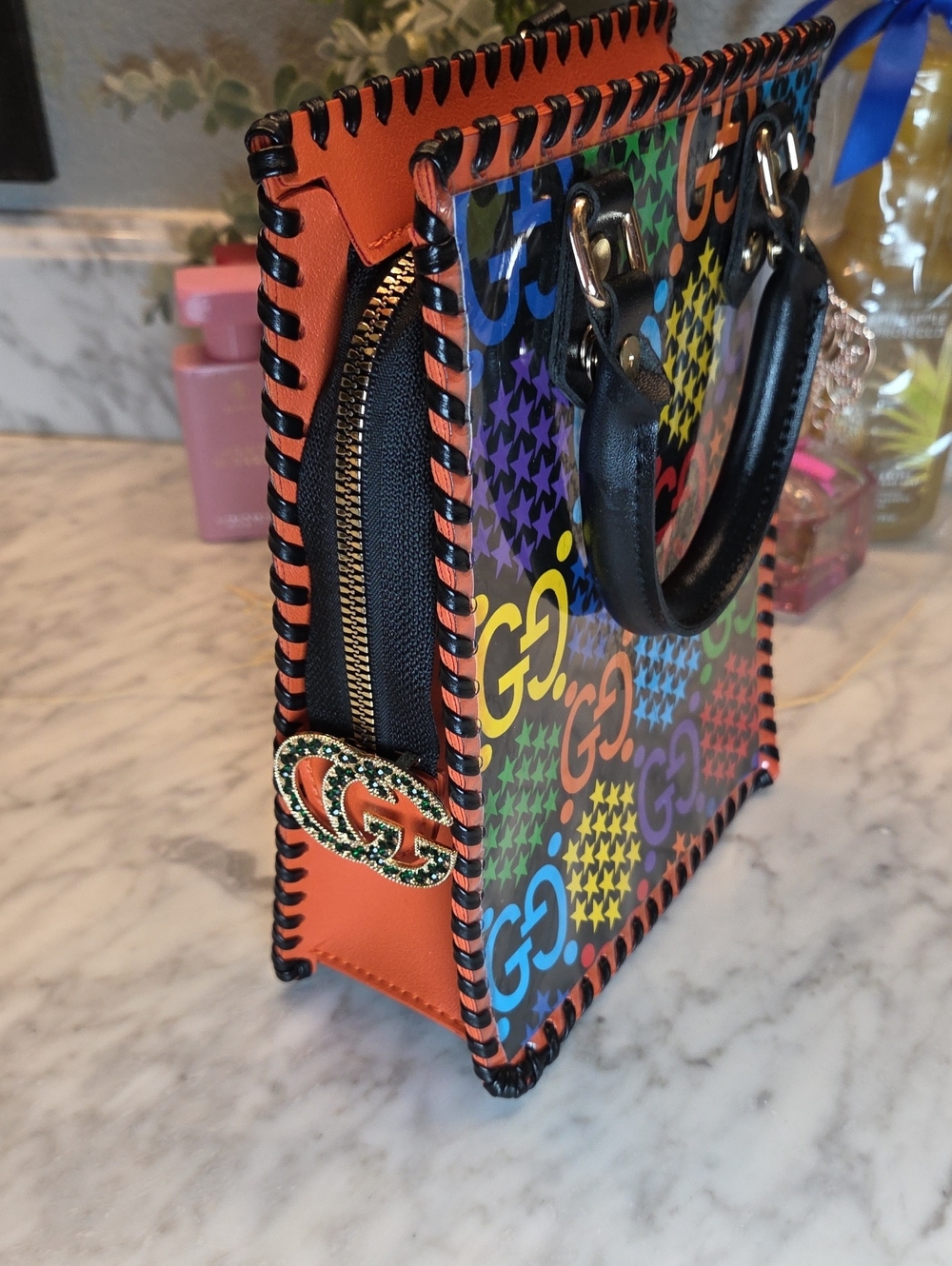 Fashion Multicolor GG Patterned Mini Tote with Black Handles & Crossbody Strap - Picture 5 of 15